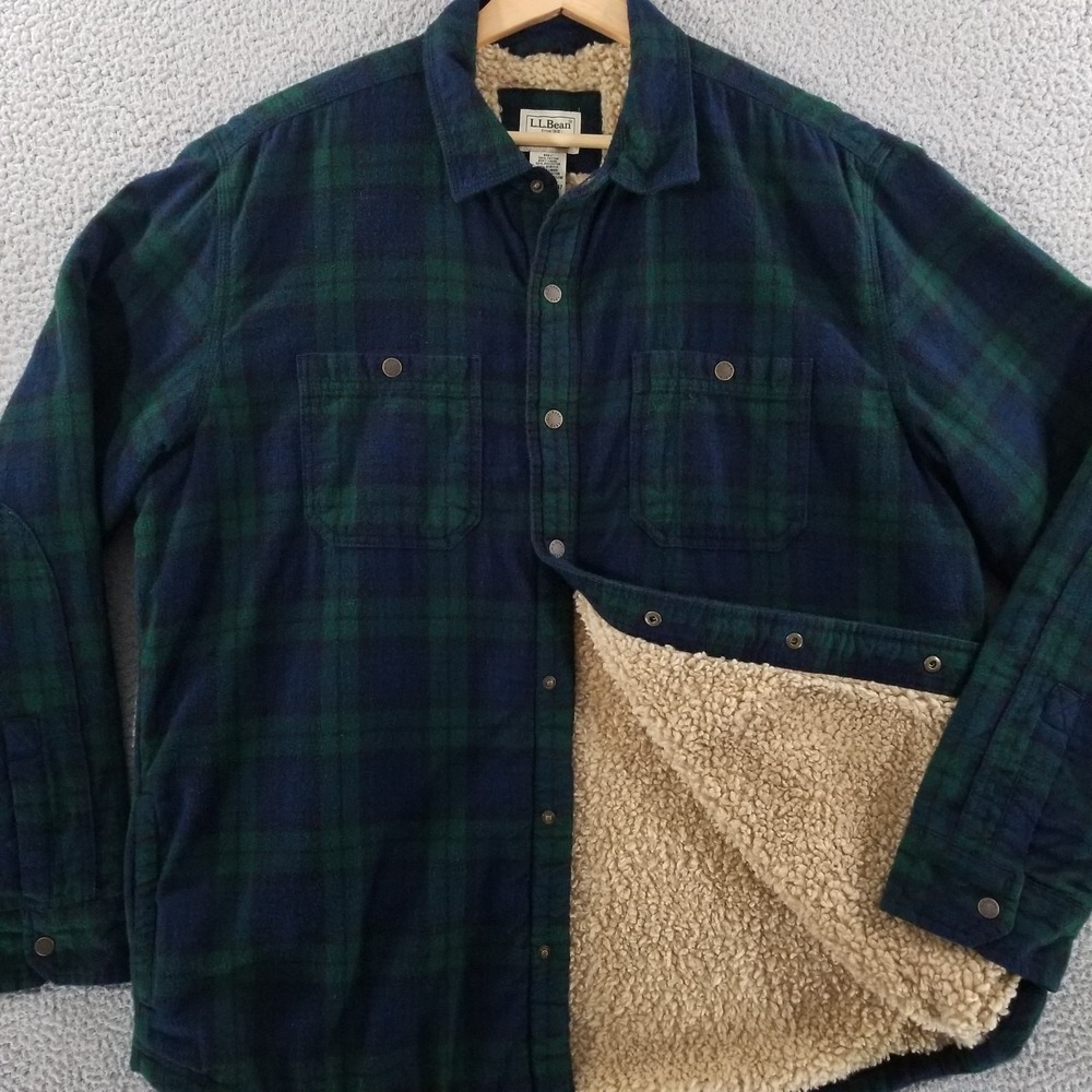 LL Bean Sherpa Lined Flannel Large Blackwatch Tartan Snap Fleece Shirt Jacket